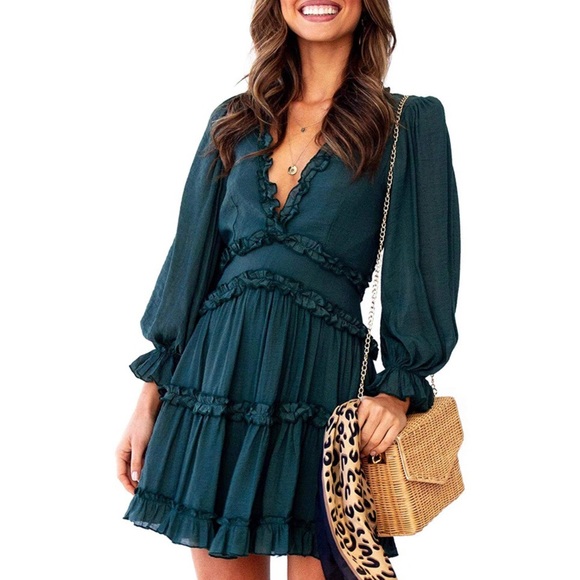 ✦NWT Ruffled Emerald Dress✦ - Picture 2 of 4